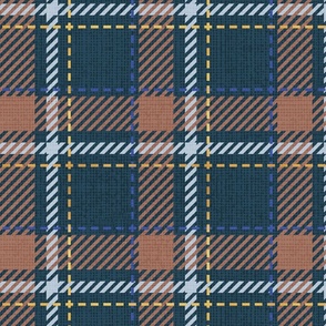 Normal scale // Reworked tartan cloth // nile blue background toast brown pastel blue electric blue and golden textured criss-crossed vertical and horizontal stripes