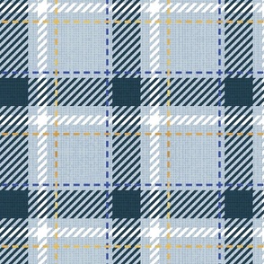 Normal scale // Reworked tartan cloth // pastel blue background nile blue electric blue white and golden textured criss-crossed vertical and horizontal stripes