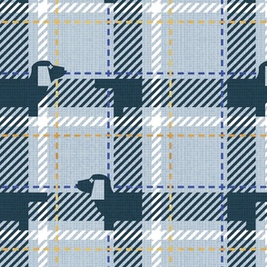 Normal scale // Ta ta tartan doxie reworked tartan // pastel blue background nile blue dachshund dog white electric blue and golden textured criss-crossed vertical and horizontal stripes