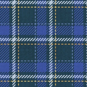 Normal scale // Reworked tartan cloth // nile blue background electric blue pastel blue and golden textured criss-crossed vertical and horizontal stripes