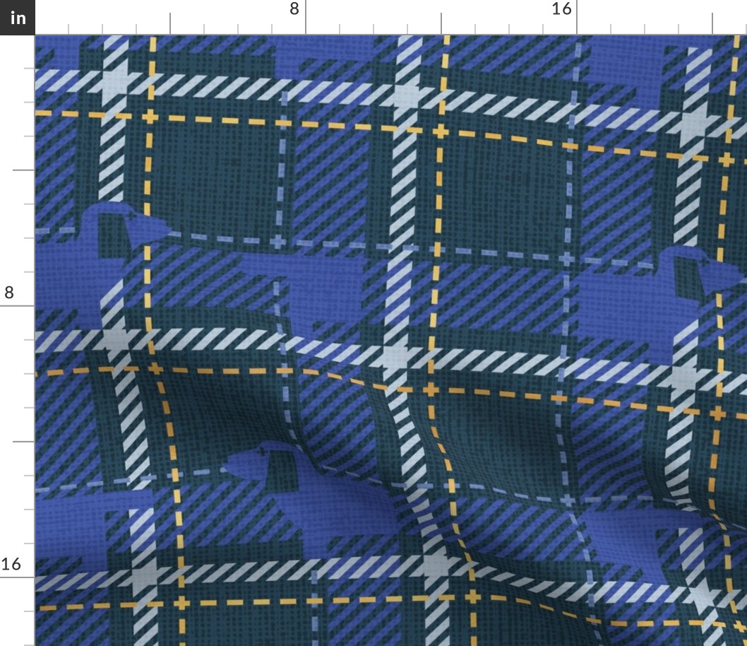 Normal scale // Ta ta tartan doxie reworked tartan // nile blue background electric blue dachshund dog pastel blue and golden textured criss-crossed vertical and horizontal stripes