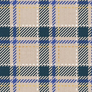 Normal scale // Reworked tartan cloth // greige background nile blue electric blue white and golden textured criss-crossed vertical and horizontal stripes