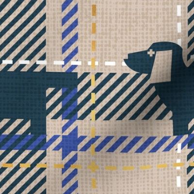 Normal scale // Ta ta tartan doxie reworked tartan // greige background nile blue dachshund dog electric blue white and golden textured criss-crossed vertical and horizontal stripes