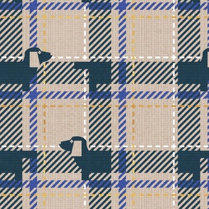 Normal scale // Ta ta tartan doxie reworked tartan // greige background nile blue dachshund dog electric blue white and golden textured criss-crossed vertical and horizontal stripes