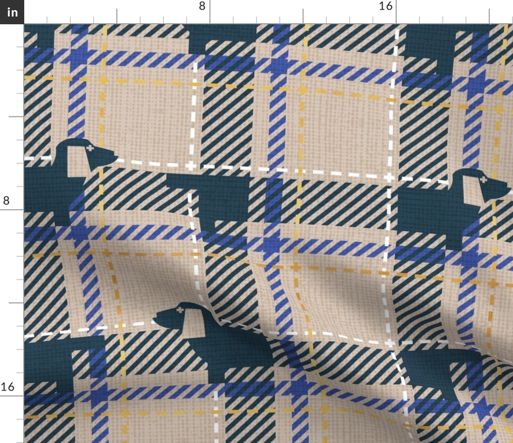 Normal scale // Ta ta tartan doxie reworked tartan // greige background nile blue dachshund dog electric blue white and golden textured criss-crossed vertical and horizontal stripes