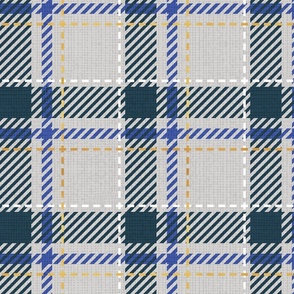 Normal scale // Reworked tartan cloth // light grey background nile blue electric blue white and golden textured criss-crossed vertical and horizontal stripes