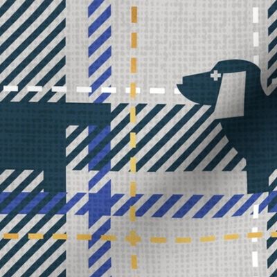 Normal scale // Ta ta tartan doxie reworked tartan // light grey background nile blue dachshund dog electric blue white and golden textured criss-crossed vertical and horizontal stripes