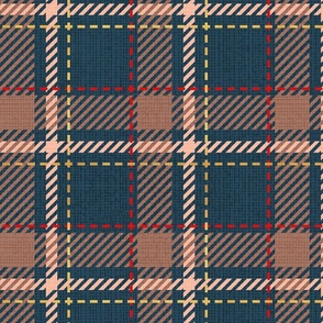 Normal scale // Reworked tartan cloth // nile blue background toast brown flesh vivid red and golden textured criss-crossed vertical and horizontal stripes