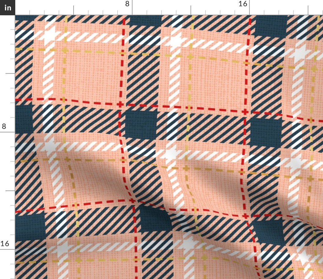 Normal scale // Reworked tartan cloth // flesh background nile blue vivid red white and golden textured criss-crossed vertical and horizontal stripes