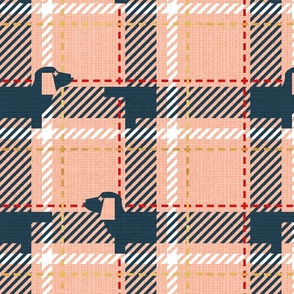 Normal scale // Ta ta tartan doxie reworked tartan // flesh background nile blue dachshund dog vivid red white and golden textured criss-crossed vertical and horizontal stripes