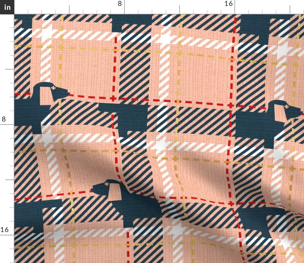 Normal scale // Ta ta tartan doxie reworked tartan // flesh background nile blue dachshund dog vivid red white and golden textured criss-crossed vertical and horizontal stripes