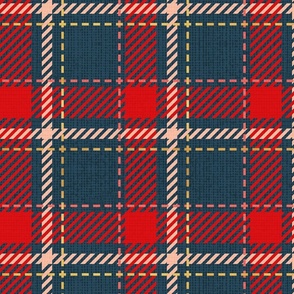 Normal scale // Reworked tartan cloth // nile blue background vivid red flesh coral and golden textured criss-crossed vertical and horizontal stripes