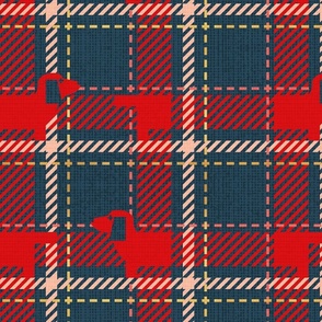 Normal scale // Ta ta tartan doxie reworked tartan // nile blue background vivid red dachshund dog flesh coral and golden textured criss-crossed vertical and horizontal stripes