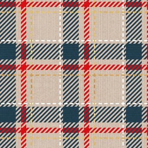 Normal scale // Reworked tartan cloth // greige background nile blue vivid red white and golden textured criss-crossed vertical and horizontal stripes