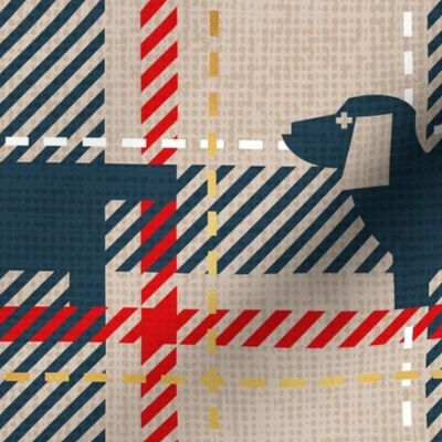 Normal scale // Ta ta tartan doxie reworked tartan // greige background nile blue dachshund dog vivid red white and golden textured criss-crossed vertical and horizontal stripes