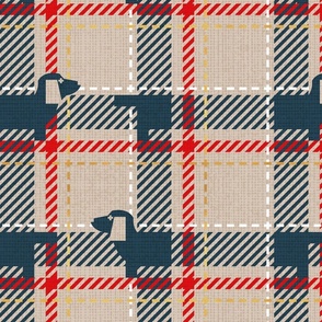 Normal scale // Ta ta tartan doxie reworked tartan // greige background nile blue dachshund dog vivid red white and golden textured criss-crossed vertical and horizontal stripes