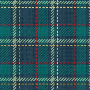 Normal scale // Reworked tartan cloth // nile blue background pine jade green vivid red and golden textured criss-crossed vertical and horizontal stripes