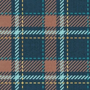 Small scale // Reworked tartan cloth // nile blue background toast brown mint peacock blue and golden textured criss-crossed vertical and horizontal stripes