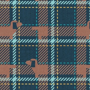 Normal  scale // Ta ta tartan doxie reworked tartan // nile blue background toast brown dachshund dog mint peacock blue and golden textured criss-crossed vertical and horizontal stripes