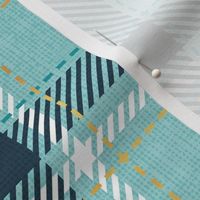 Small scale // Reworked tartan cloth // mint background nile blue peacock blue white and golden textured criss-crossed vertical and horizontal stripes