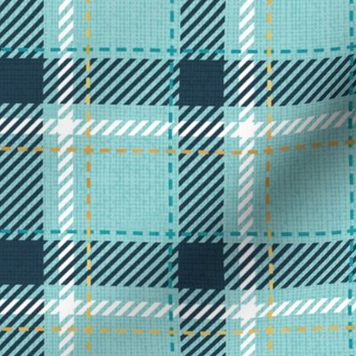 Small scale // Reworked tartan cloth // mint background nile blue peacock blue white and golden textured criss-crossed vertical and horizontal stripes