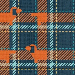 Small scale // Ta ta tartan doxie reworked tartan // nile blue background gold drop orange dachshund dog mint peacock blue and golden textured criss-crossed vertical and horizontal stripes