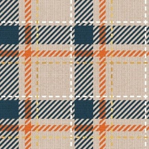 Small scale // Reworked tartan cloth // greige background nile blue gold drop orange white and golden textured criss-crossed vertical and horizontal stripes