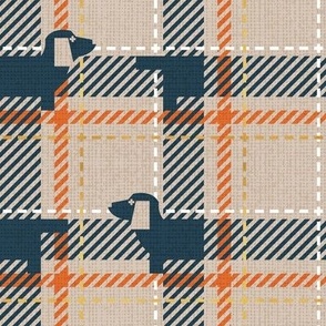 Small scale // Ta ta tartan doxie reworked tartan // greige background nile blue dachshund dog gold drop orange white and golden textured criss-crossed vertical and horizontal stripes
