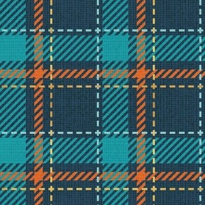 Small scale // Reworked tartan cloth // nile blue background peacock blue mint gold drop orange and golden textured criss-crossed vertical and horizontal stripes