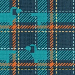 Small scale // Ta ta tartan doxie reworked tartan // nile blue background peacock blue dachshund dog mint gold drop orange and golden textured criss-crossed vertical and horizontal stripes