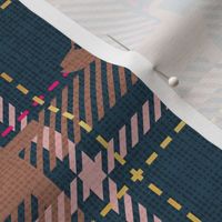 Small scale // Ta ta tartan doxie reworked tartan // nile blue background toast brown dachshund dog blush fuchsia pink and golden textured criss-crossed vertical and horizontal stripes