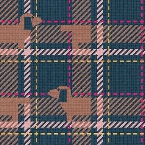 Small scale // Ta ta tartan doxie reworked tartan // nile blue background toast brown dachshund dog blush fuchsia pink and golden textured criss-crossed vertical and horizontal stripes