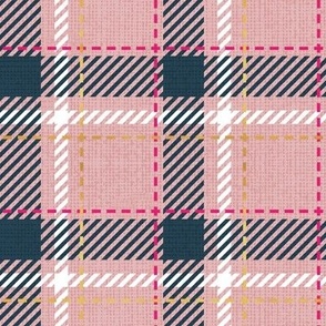 Small scale // Reworked tartan cloth // blush pink background nile blue fuchsia pink white and golden textured criss-crossed vertical and horizontal stripes