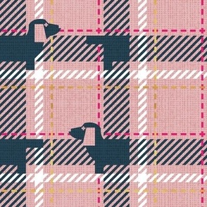 Small scale // Ta ta tartan doxie reworked tartan // blush pink background nile blue dachshund dog fuchsia pink white and golden textured criss-crossed vertical and horizontal stripes