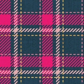 Small scale // Reworked tartan cloth // nile blue background fuchsia pink carissma blush pink and golden textured criss-crossed vertical and horizontal stripes