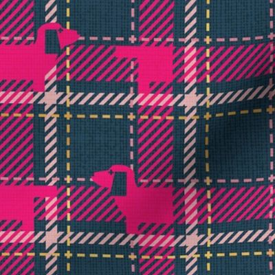 Small scale // Ta ta tartan doxie reworked tartan // nile blue background fuchsia pink dachshund dog carissma blush pink and golden textured criss-crossed vertical and horizontal stripes