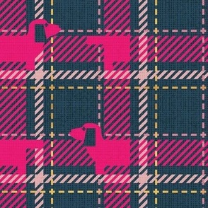 Small scale // Ta ta tartan doxie reworked tartan // nile blue background fuchsia pink dachshund dog carissma blush pink and golden textured criss-crossed vertical and horizontal stripes