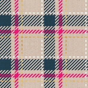 Small scale // Reworked tartan cloth // greige background nile blue fuchsia pink white and golden textured criss-crossed vertical and horizontal stripes