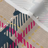 Small scale // Ta ta tartan doxie reworked tartan // greige background nile blue dachshund dog fuchsia pink white and golden textured criss-crossed vertical and horizontal stripes
