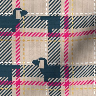 Small scale // Ta ta tartan doxie reworked tartan // greige background nile blue dachshund dog fuchsia pink white and golden textured criss-crossed vertical and horizontal stripes