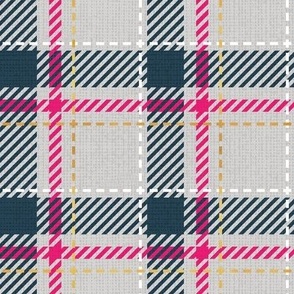 Small scale // Reworked tartan cloth // light grey background nile blue fuchsia pink white and golden textured criss-crossed vertical and horizontal stripes