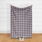 Small scale // Ta ta tartan doxie reworked tartan // light grey background nile blue dachshund dog fuchsia pink white and golden textured criss-crossed vertical and horizontal stripes