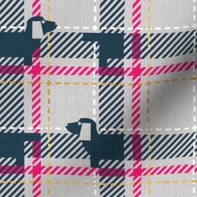 Small scale // Ta ta tartan doxie reworked tartan // light grey background nile blue dachshund dog fuchsia pink white and golden textured criss-crossed vertical and horizontal stripes