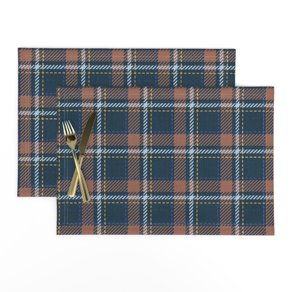 Small scale // Reworked tartan cloth // nile blue background toast brown pastel blue electric blue and golden textured criss-crossed vertical and horizontal stripes