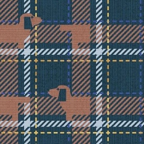 Small scale // Ta ta tartan doxie reworked tartan // nile blue background toast brown dachshund dog pastel blue electric blue and golden textured criss-crossed vertical and horizontal stripes