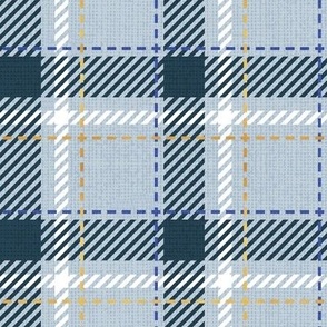 Small scale // Reworked tartan cloth // pastel blue background nile blue electric blue white and golden textured criss-crossed vertical and horizontal stripes