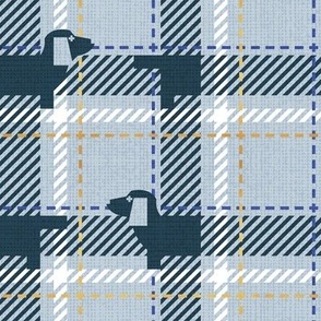 Small scale // Ta ta tartan doxie reworked tartan // pastel blue background nile blue dachshund dog white electric blue and golden textured criss-crossed vertical and horizontal stripes