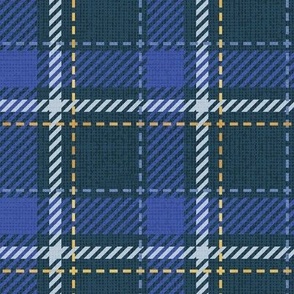 Small scale // Reworked tartan cloth // nile blue background electric blue pastel blue and golden textured criss-crossed vertical and horizontal stripes