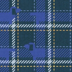 Small scale // Ta ta tartan doxie reworked tartan // nile blue background electric blue dachshund dog pastel blue and golden textured criss-crossed vertical and horizontal stripes