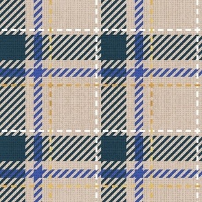 Small scale // Reworked tartan cloth // greige background nile blue electric blue white and golden textured criss-crossed vertical and horizontal stripes